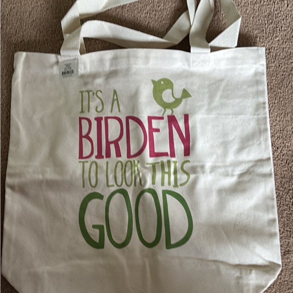 NWT Studio M Canvas Tote - Cream with Green and Pink Design